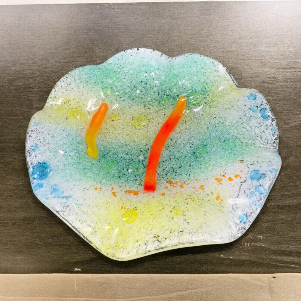 Hand Made Fused Art Glass Dish Plate Ruffled Edges Multicolor Glass Hand Crafted